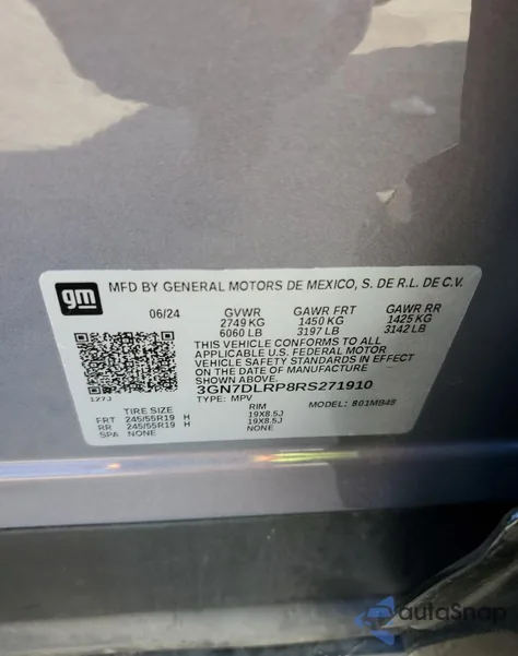 2024 Chevrolet Equinox 2Lt из США, поврежденный, VIN 3GN7DLRP8RS271910